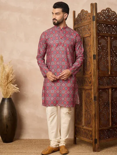 Red Cotton Blend Kurta For Men With Printed Design